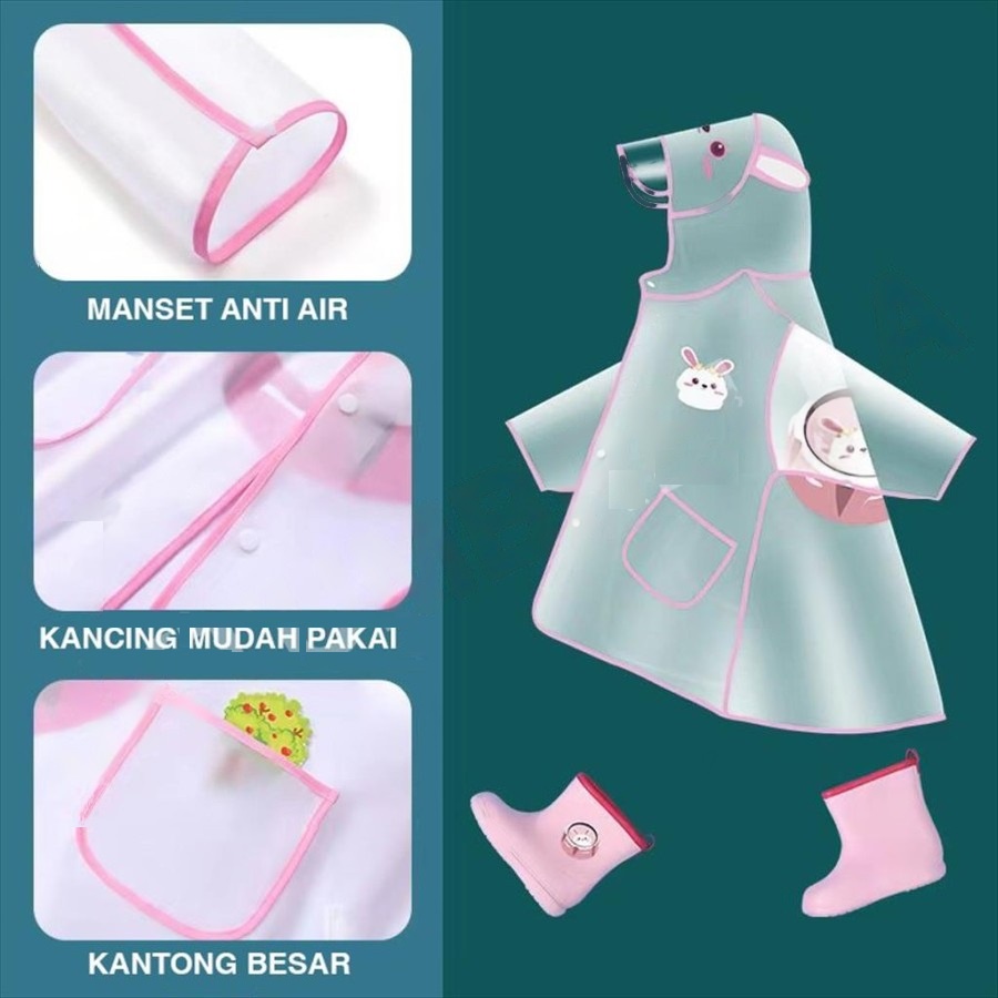 Jas Hujan Terusan Poncho Anak Motif Binatang Semi Transparan Animal - 326