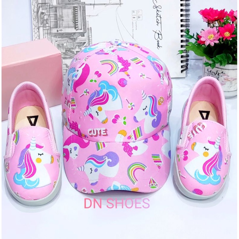 Paket Sepatu Topi anak perempuan Sepatu anak Perempuan Paket Slip on Anak Sepatu Balet anak Perempuan lucu Murah Karakter Unicorn Pink Cute