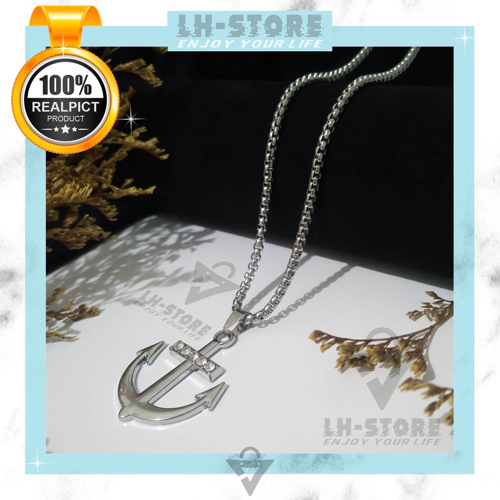 Kalung Titanium Set Liontin Jangkar Silver Permata Terbaru Keren Anti Karat