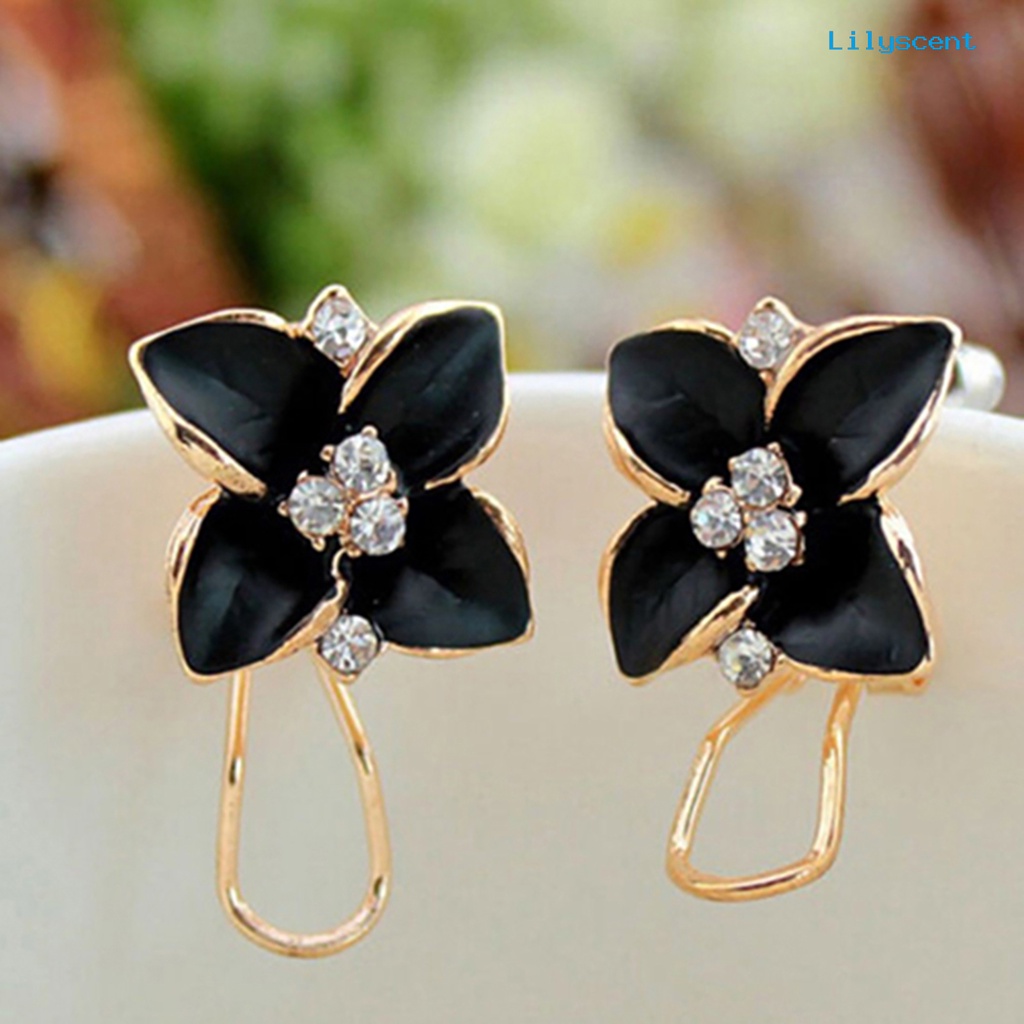 [LS] 1pasang Wanita Fashion Elegan Kristal Imitasi Camellia Ear Studs Earrings Perhiasan Untuk Pakaian Sehari-Hari