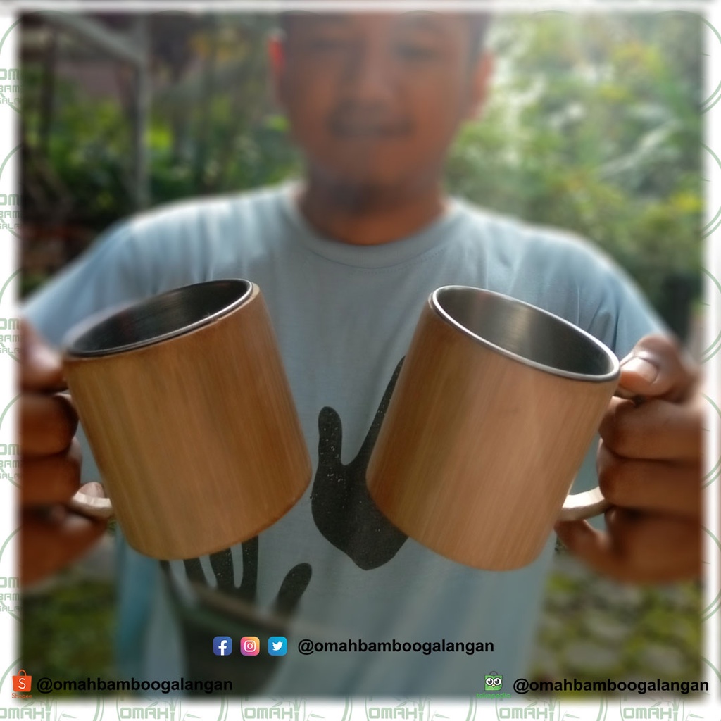 Cangkir Mug Gelas Bambu Polos 200ml dalam Stainless Aksesories Suvenir Unik Murah Grosir dan Antik