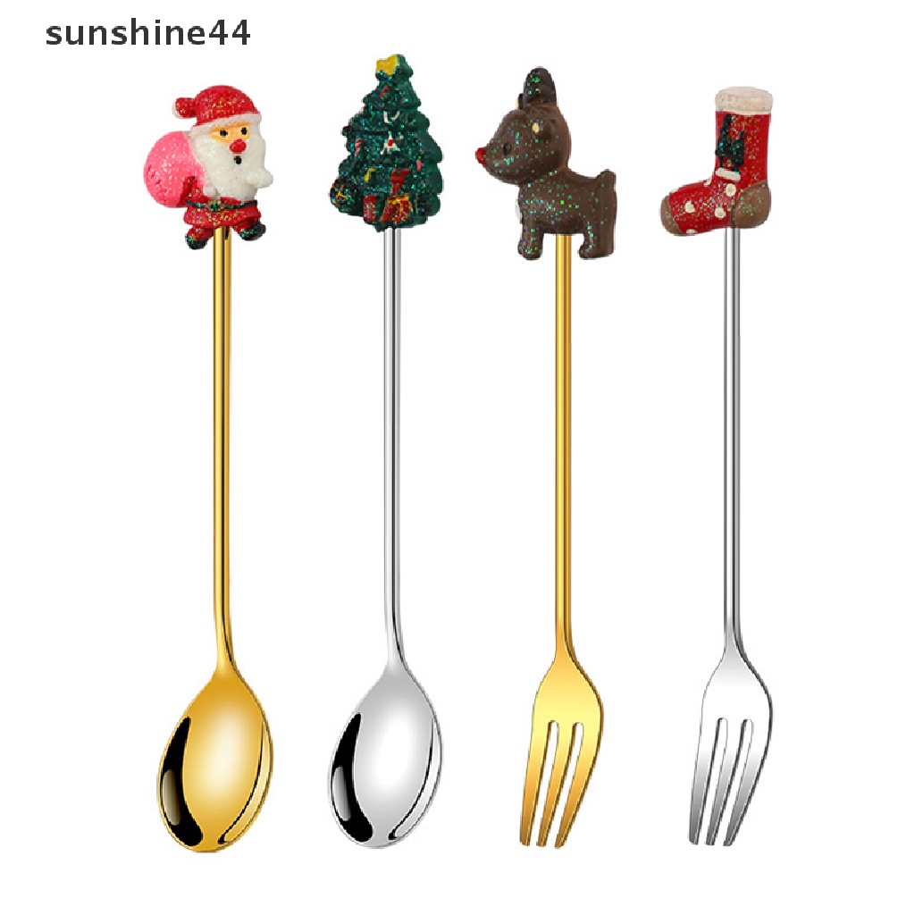 Sunshine 2 Pcs Hadiah Natal Alat Makan Sendok Garpu Set Elk Dekorasi Pohon Natal Dessert Spoon Fruit Fork Coffee Spoon Cutlery Gift.