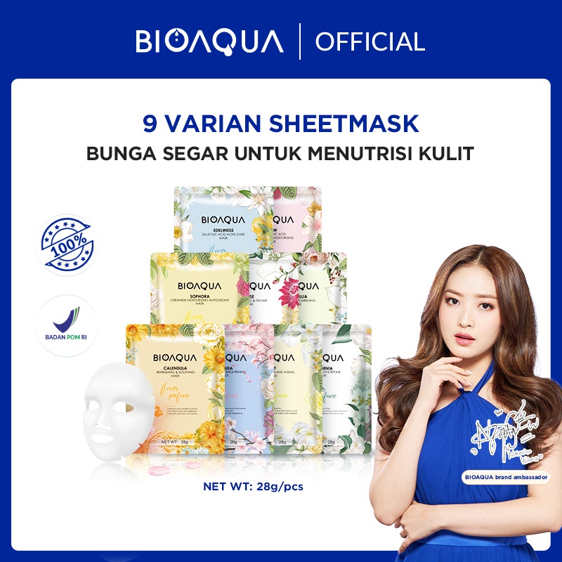 BIOAQUA Mask Indonesia / Masker Wajah 28g / Flowers Series Sheet Hours Parfume Bunga / Sakura Edelweiss Camellia Rose Sophora Gardenia Lily Plum Calendula / Mencerahkan Melembabkan / Skincare Face Facial Care Treatment Perawatan Kulit Muka Bio Aqua Series