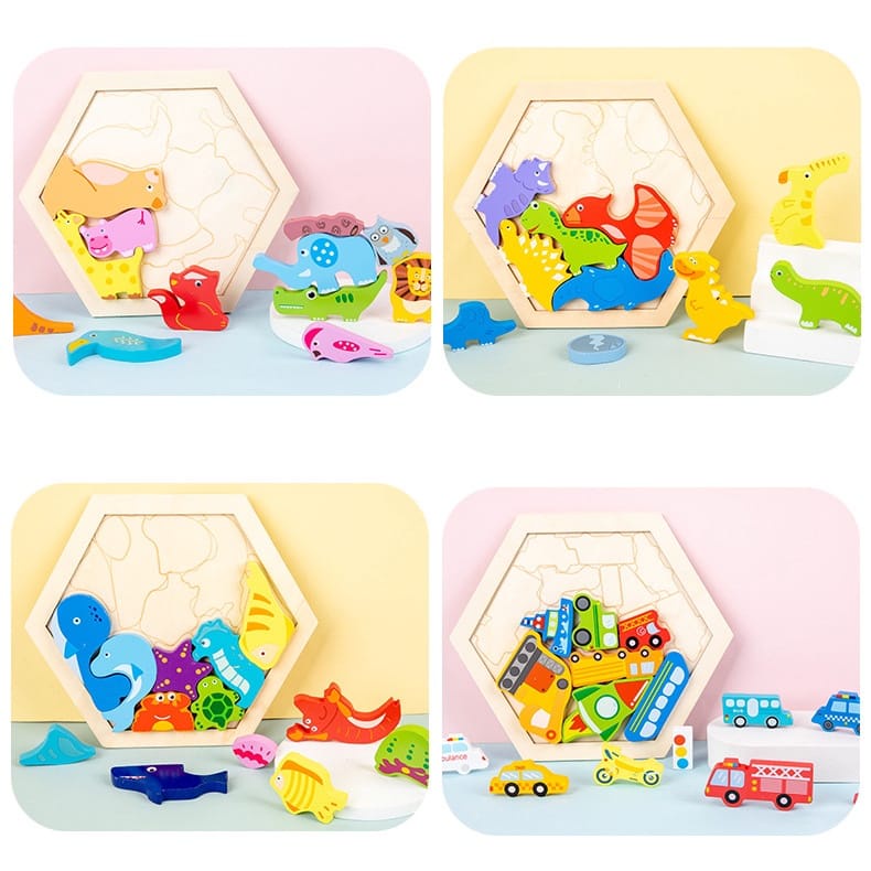 WE Puzzle 3D Hexagon Animal Wooden Montessori Wooden Chunky Hexagon Puzzle Mencocokan Bentuk Karakter