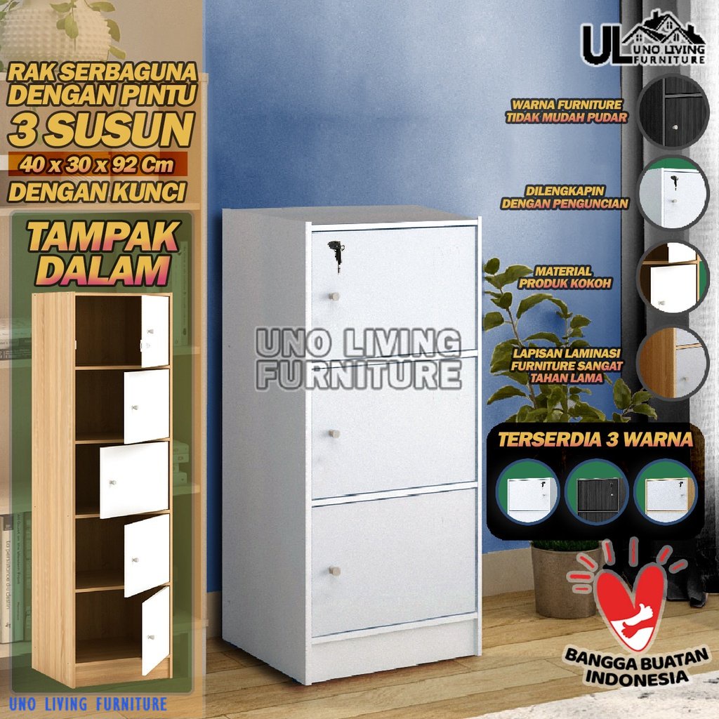 LEMARI RAK BUKU SERBAGUNA 3 SUSUN KAYU DENGAN KUNCI TERBARU MURAH LEMARI BUKU RSG PINTU