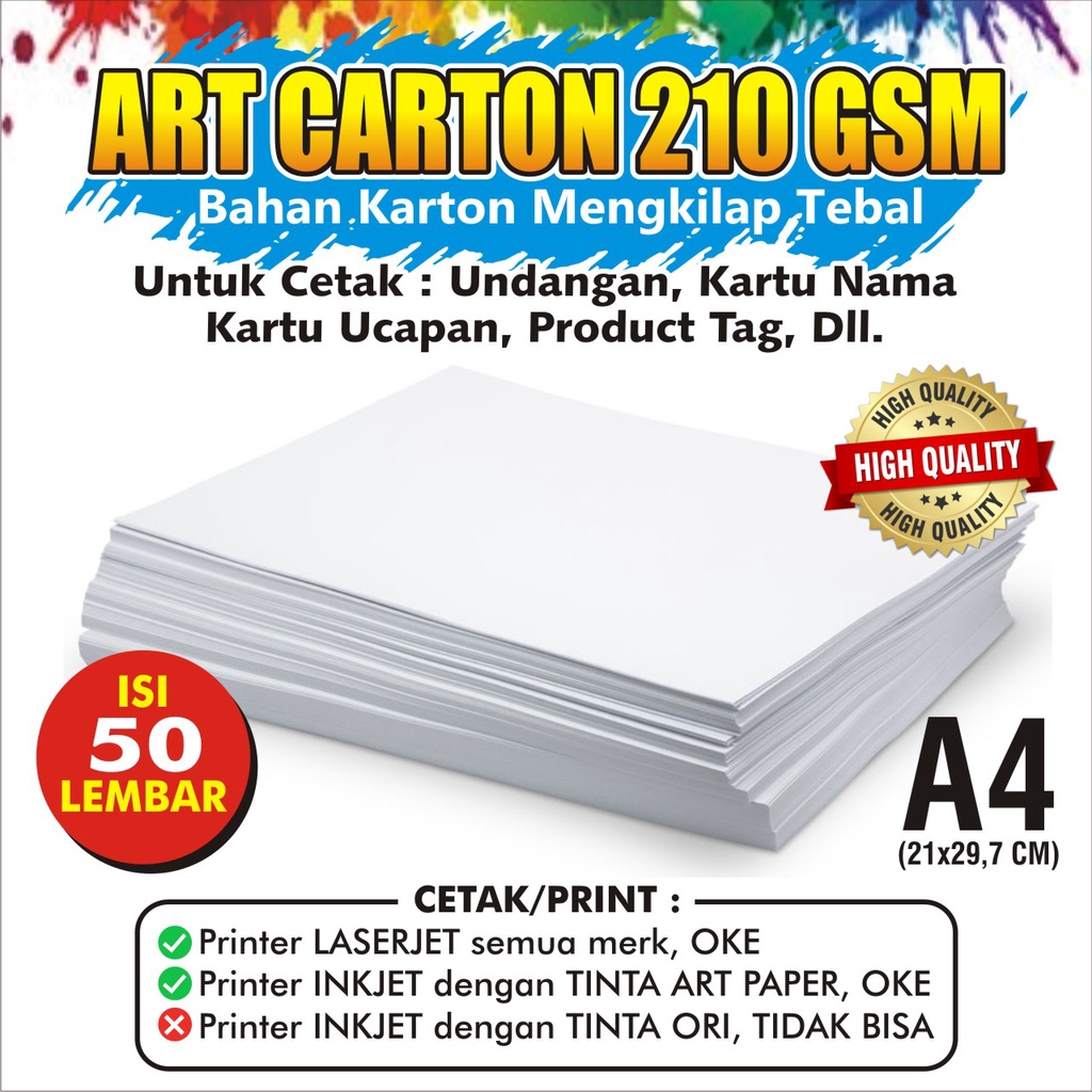 

Art Karton 210 gsm A4 isi 50 lbr / Kertas Carton Paper Glossy 210 gram
