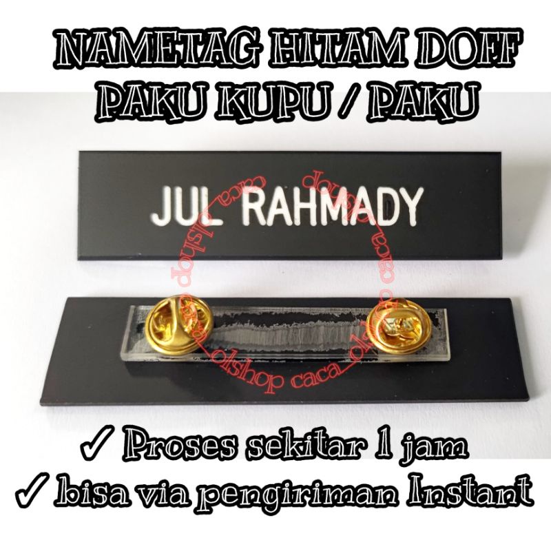 Nametag Hitam Dop Papan Nama Dada PDH PNS Akrilik Gravo Acrylic Grafir Dove Dov Peniti Paku Magnet