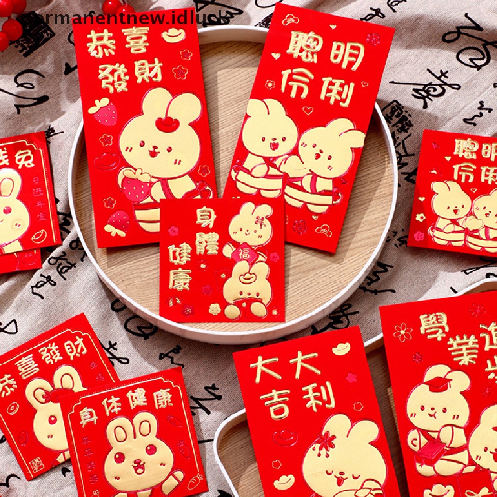 [luckypermanentnew] 6pcs 2023tahun Kelinci Kartun Amplop Merah Chinese New Year Spring Festival Red Packets Chinese Creative Cartoon Red Lucky Red Amplop [ID]