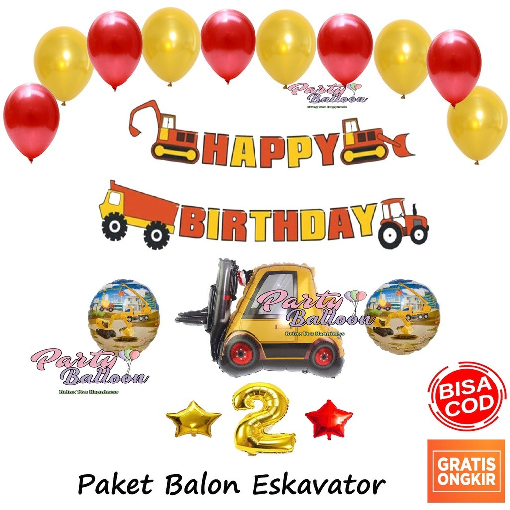 Paket Dekorasi Balon Ulang Tahun Anak Laki Laki Eskavator Excavator Set Decor Ultah mobil bangunan