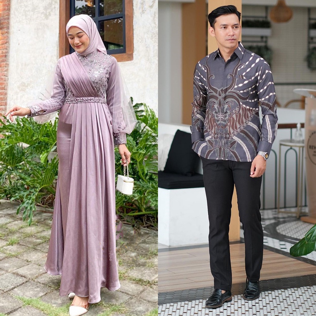 BATIK COUPLE - Gamis Couple Adeeva Dress Kondangan Dan Lebaran Modern Dress Satin Mix Brokat Payet Premium Dress Sarimbit Modern Gamis Couple Pasangan