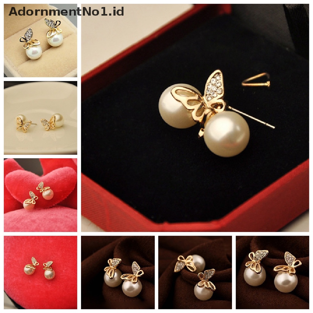 [AdornmentNo1] Fashion Baru Perhiasan Wanita Kristal Emas Kupu-Kupu Mutiara Ear Stud Earrings Earbob [ID]