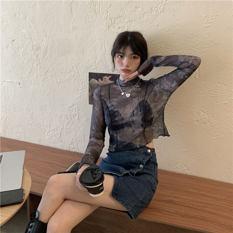 Red Gadis Panas Pendek Tie-Dye Top Wanita 2022 Musim Panas Baru Tipis Kemeja Mesh Tabir Surya Lengan Panjang t-shirt