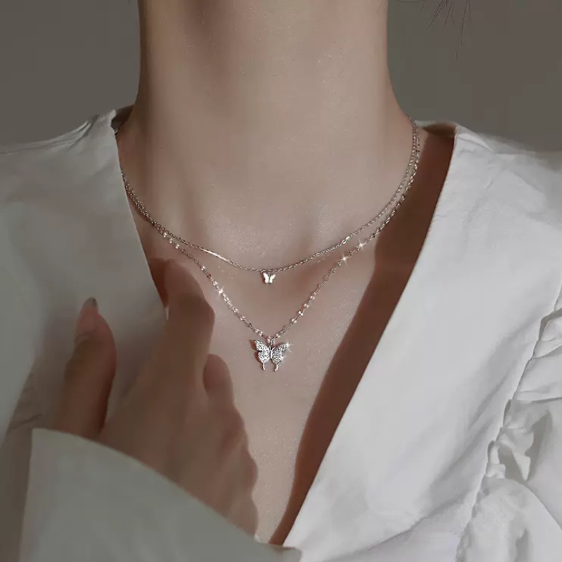 Kami Bunga Berlapis Ganda Rumbai Rantai Berlian Imitasi Kupu-Kupu Kalung Untuk Wanita Gadis Korea Bersinar Ganda Kupu-Kupu Kalung Perak Tulang Selangka Rantai Perhiasan Hadiah