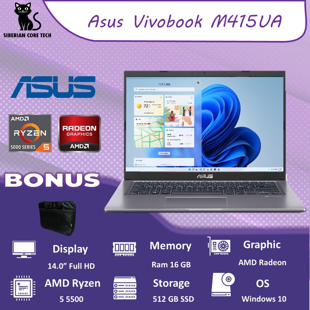 Laptop Asus Vivobook M415UA RYZEN 5 5500 16GB 512SSD VEGA7 W10 14.0FHD