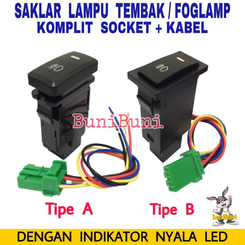 SAKLAR FOGLAMP / Switch Tombol Untuk Lampu Tembak Kabut Mobil Universal Komplit Socket Dan Kabel