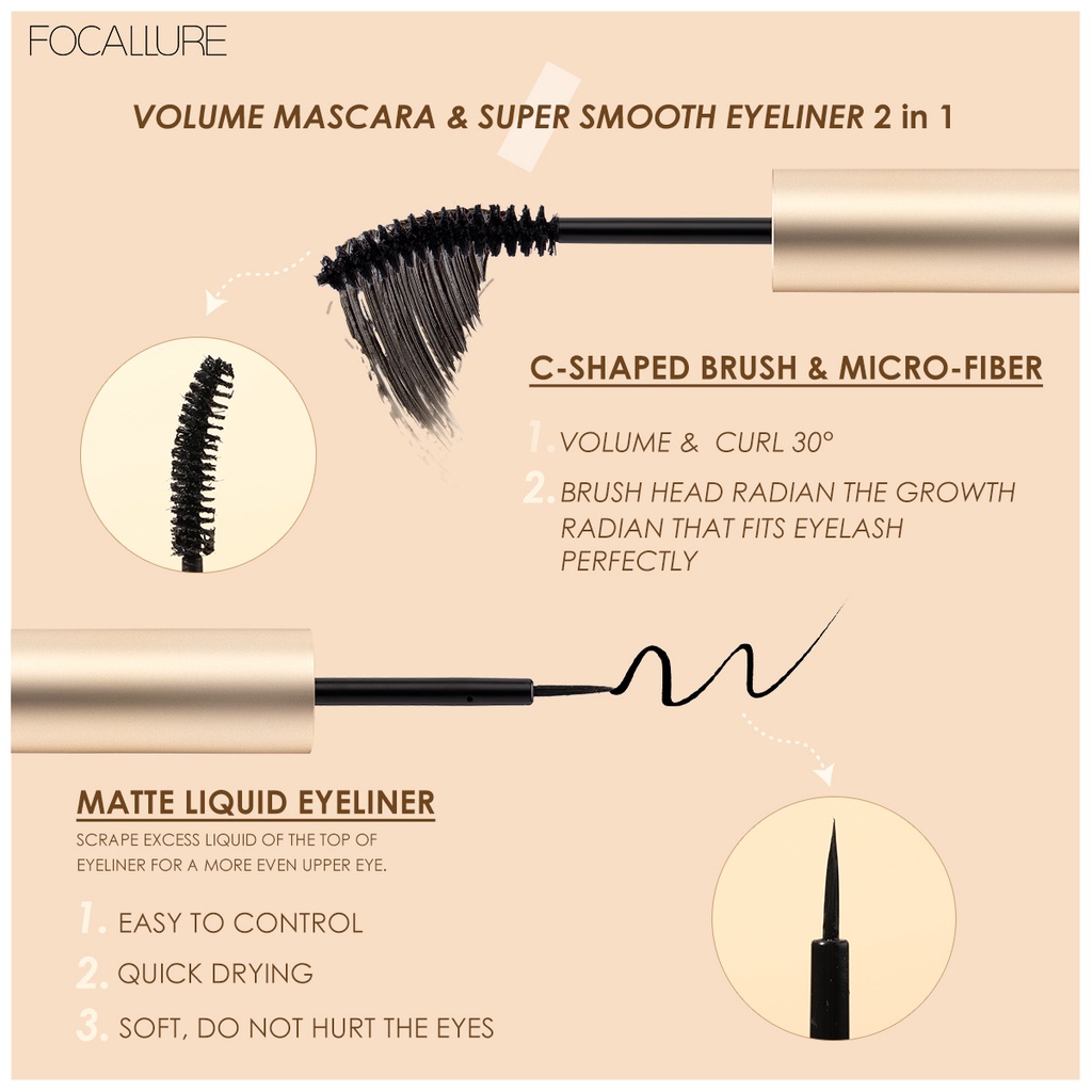FOCALLURE 3PCS Eye Makeup Kit Waterproof Long-lasting Eyebrow + 2 in 1 Mascara &amp; Eyeliner+ Eyebrow soap