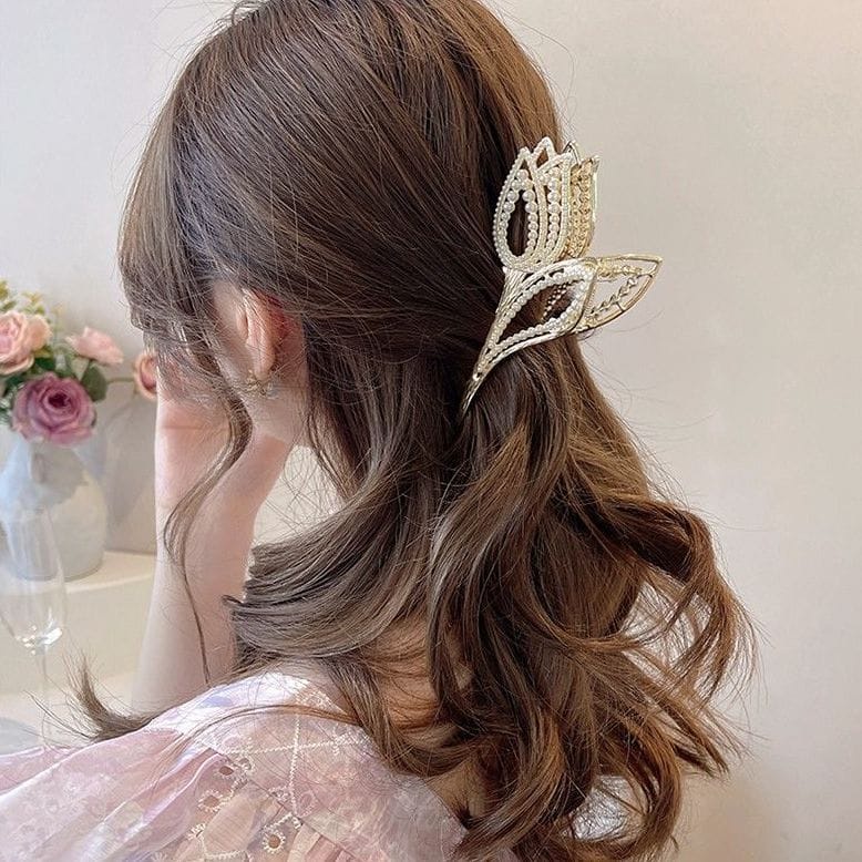 JEPIT RAMBUT KOREA JEDAI WANITA BUNGA TULIP ELEGAN PREMIUM ZIRKON MUTIARA MOTIF BARU ORIGINAL IMPORT