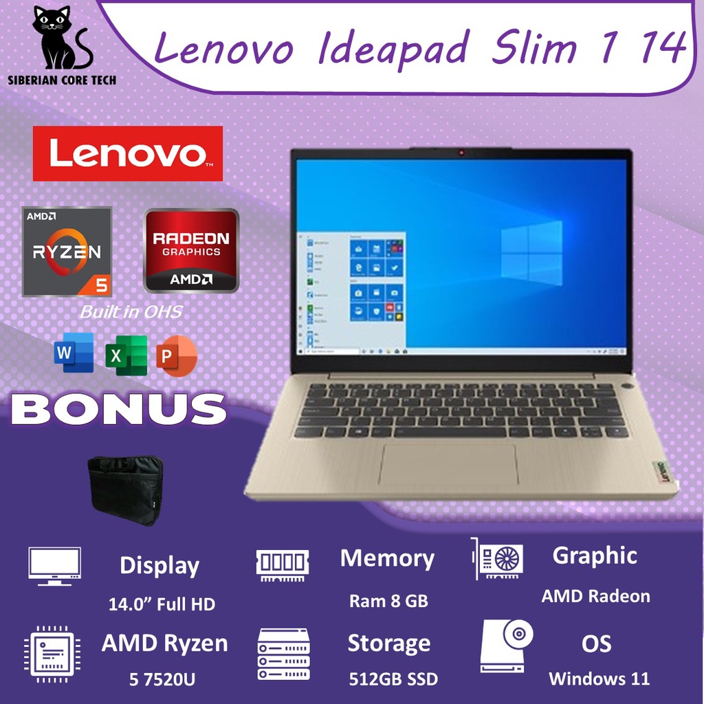 LENOVO IDEAPAD SLIM 1 14 RYZEN 5 7520U 8GB 512SSD RADEON 610M W11+OHS 14.0FHD 2YR PREM