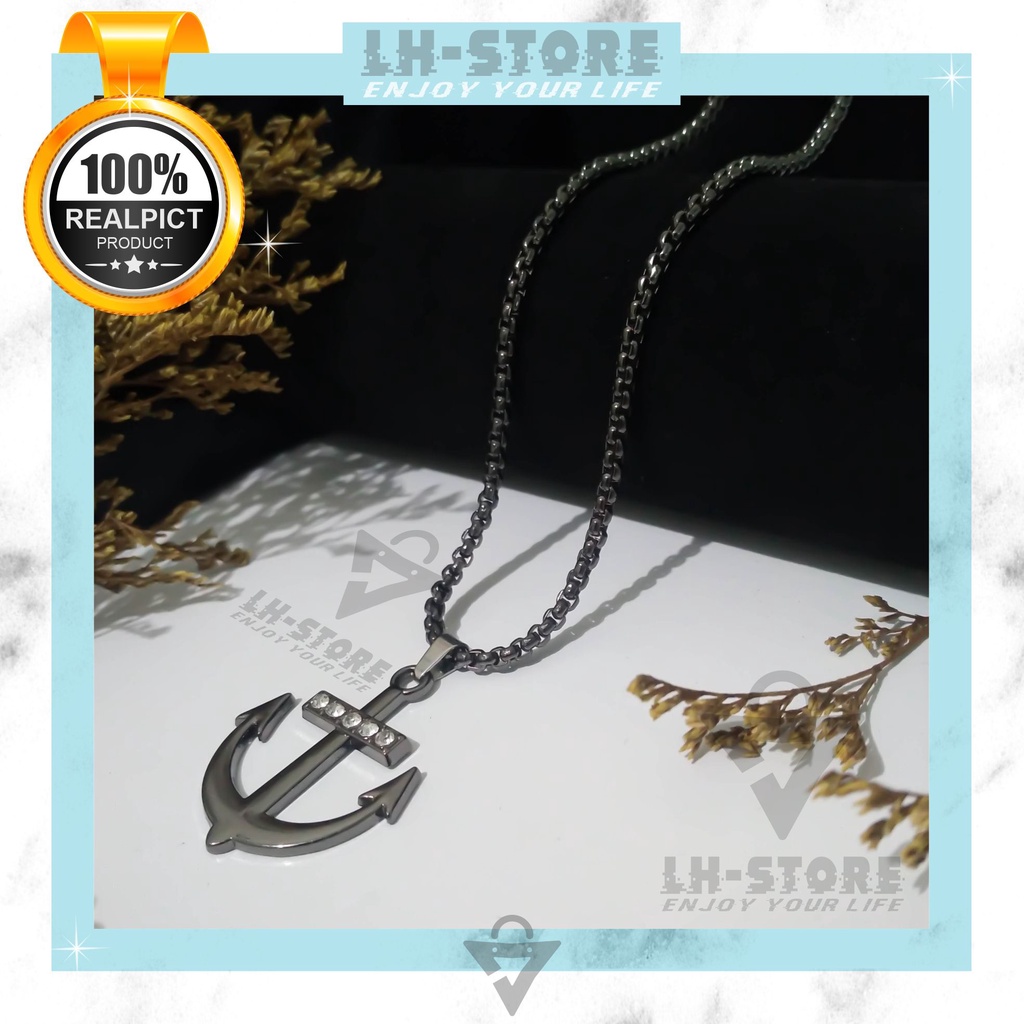 Kalung Titanium Set Liontin Jangkar Black Permata Terbaru Keren Anti Karat