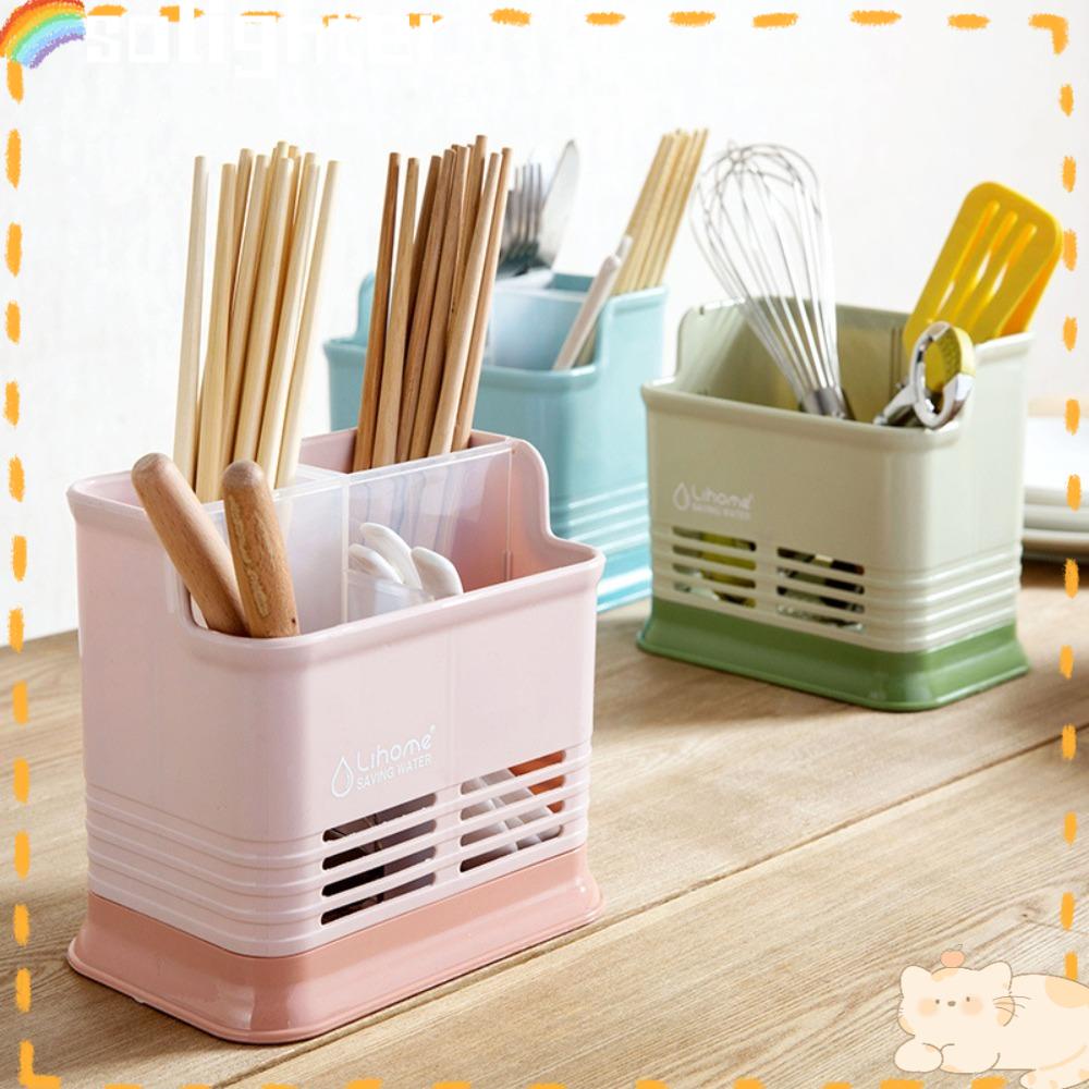 Solighter Tempat Sendok Sumpit Garpu Alat Tulis 4kisi Drain Storage Rack Cookware Organizer Kotak Pulpen Tempat Alat Makan