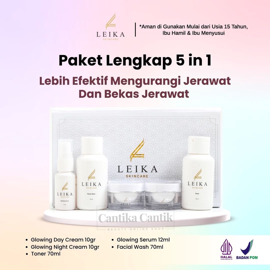 Paket Leika Skincare Resmi BPOM Halal MUI Penghilang Jerawat Bopeng Bekas Jerawat Pria Wanita Krim A