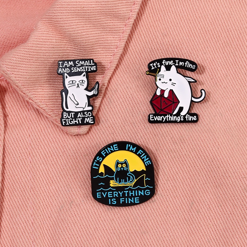 It's Fine I' M Fine Enamel Pin Kucing Lucu Bros Kerah Pin Lencana Kartun Hewan Perhiasan Hadiah Untuk Anak-Anak Teman