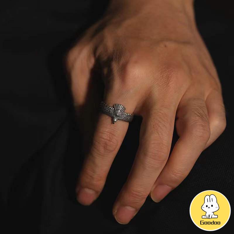 1PCS Cincin Perak Terbuka Thailand Vintage Elang Bulu Cincin Indeks Dapat disesuaikan -Doo