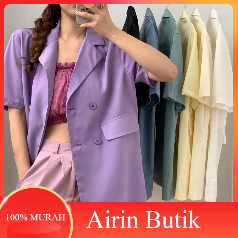 [ TERMURAH ] Hijau Biru Kuning Ungu Korea Blazer Wanita Lengan Pendek Setelan Jas Blazer Women Outer