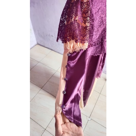 Baju gamis satin halus plus brukat warna salem kombinasi ungu terong