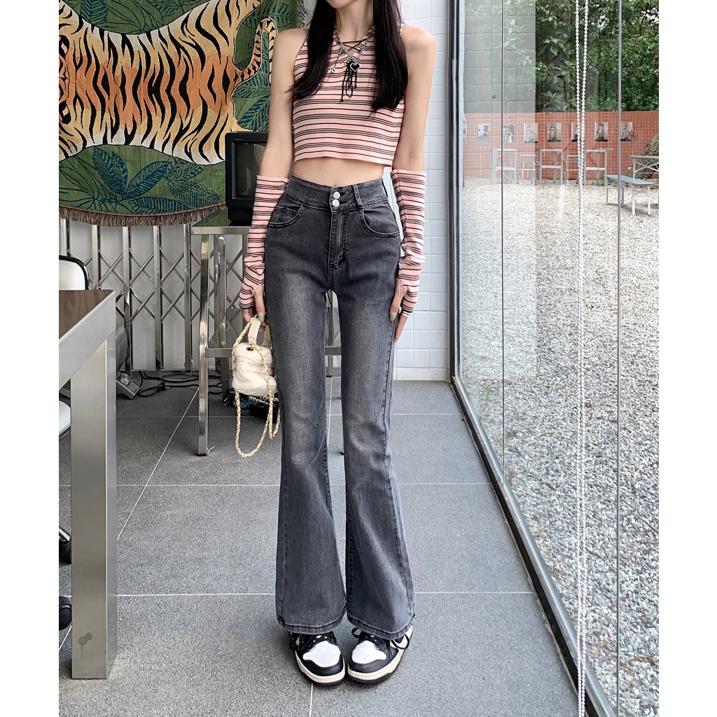 Kelabu Hitam Highwaist Elastisitas Cutbray Jeans Wanita Skinny Celana Jeans