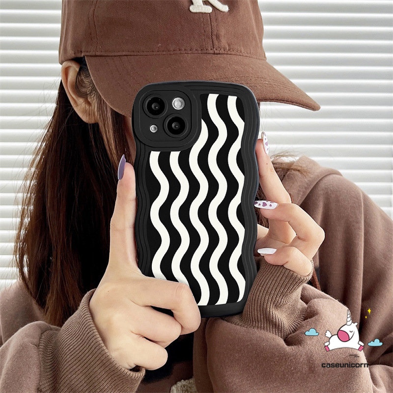 IPHONE Kompatibel Untuk Iphone11 12 14 13 Pro Max 6 6s 8 7 Plus XR X XS Max 14Plus SE 2020fashion Hitam Putih Motif Gelombang Air Black Wavy Edge Soft TPU Phone Case