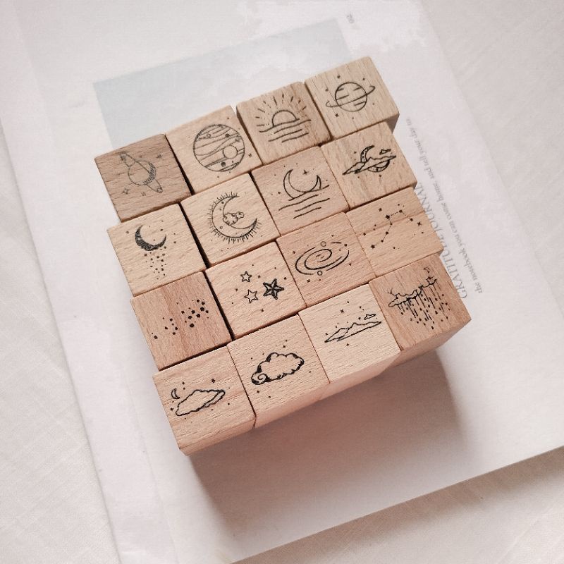 Stempel Jurnal Kayu Karet Vintage Stamp Aesthetic Moon Stars Series