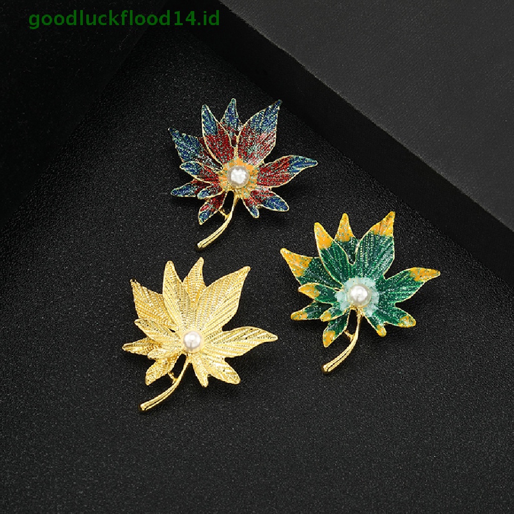 [GOOGFOUR] Pin Bros Daun Maple Kristal Warna-Warni Dengan Mutiara Palsu Wanita Lencana Kerah Pin [TOP]