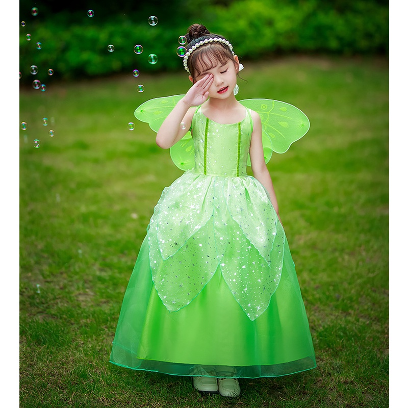 TINKERBELL DRESS WING KOSTUM PERI HUTAN HIJAU DAUN IMPORT FASHION DRES ULANG TAHUN