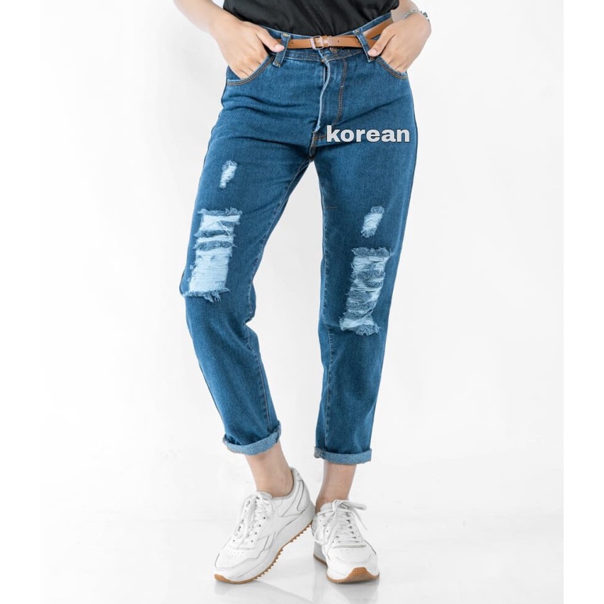 CELANA JEANS WANITA MODEL SOBEK LAPIS FURING BISA BUAT HIJAB WARNA DARK BLUE