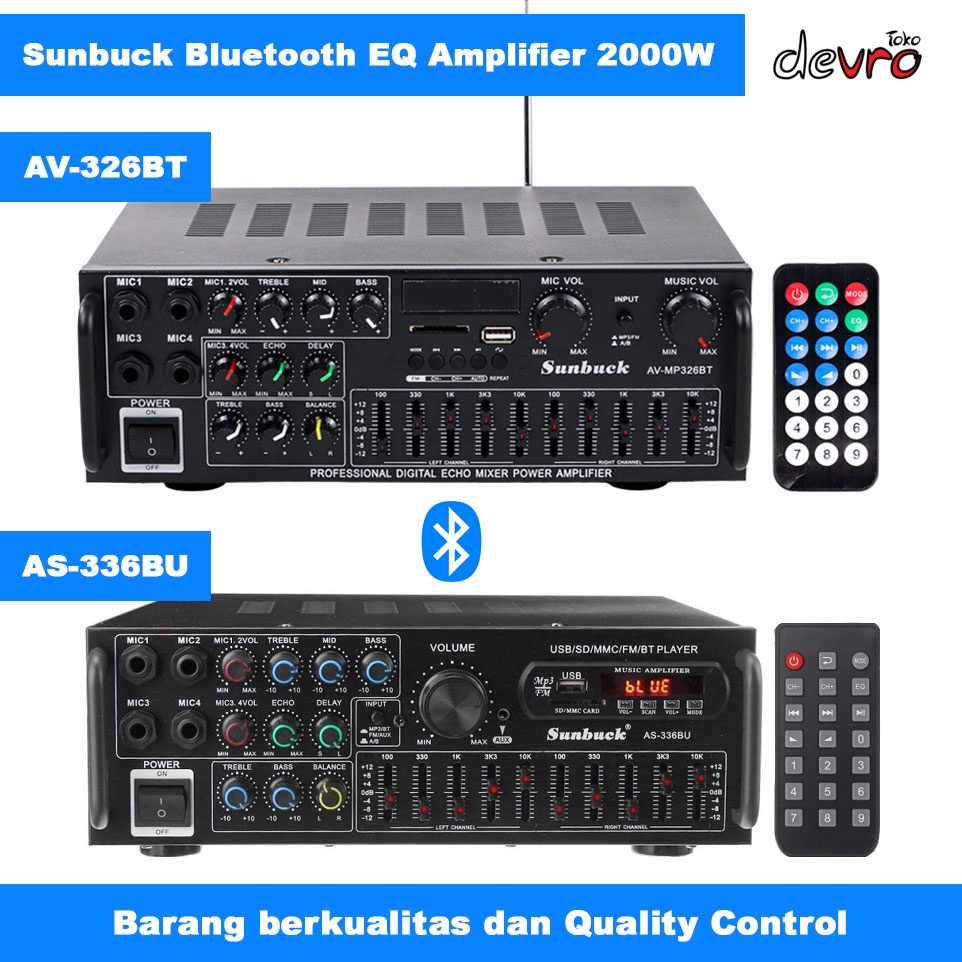 Audio Amplifier Home Theater Karaoke Bluetooth EQ FM Radio 2000W - Sunbuck AV-326BT & AS-336BU