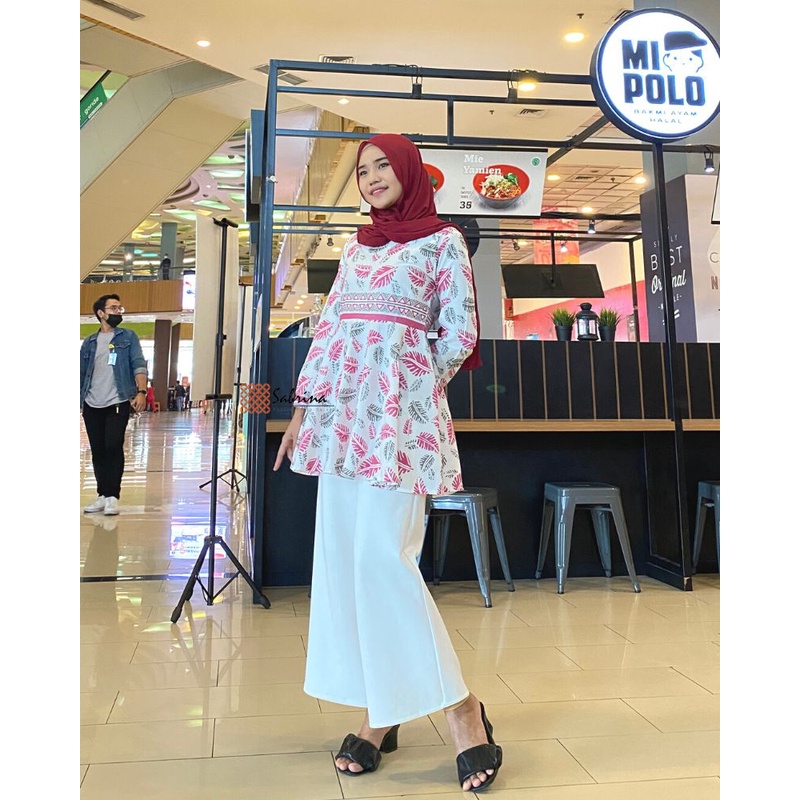 Renja Peplum Blouse Atasan Batik Kerja Kantor Wanita Cantik Kekinian Modis Modern Prinf Soft Pastel