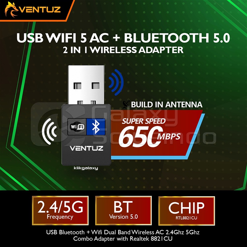 VENTUZ USB Wifi 5 AC + Bluetooth 5.0 2IN1 Wireless Adapter