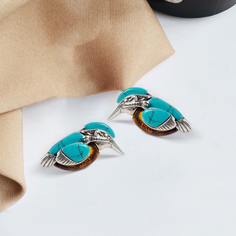 Vintage Gaya Alami Biru Turquoises Bird Wanita Anting Lucu Hewan Berbentuk Anting-Anting Aksesoris Pesta Perhiasan Hadiah