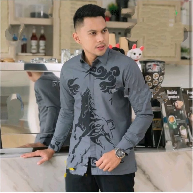 BATIK BOLO DEWO Motif Kuda Liar Kemeja Baju Batik Pria Lengan Panjang Hem Atasan