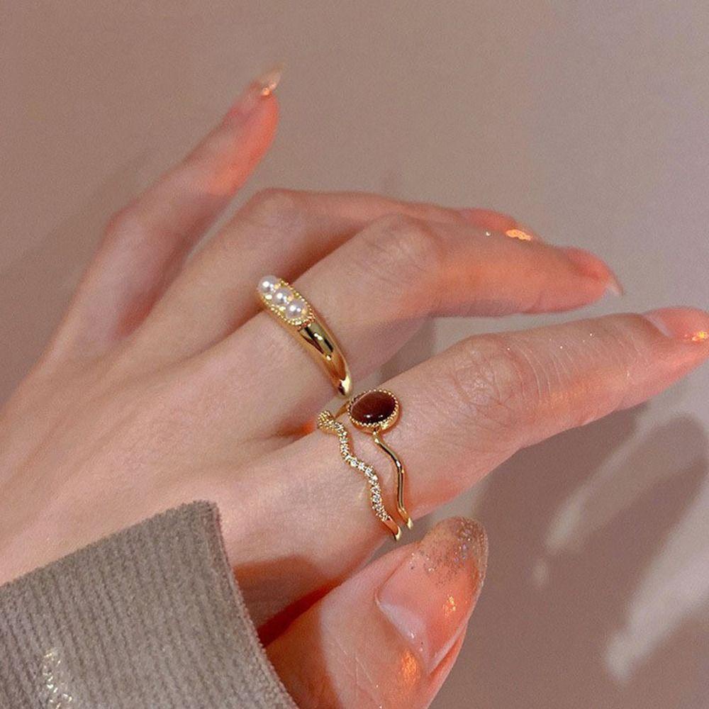 MXBEAUTY Wanita Cincin Dapat Disesuaikan Sederhana Chic Desain Niche Hadiah Gadis Manis Imitasi Mata Kucing Berlapis Ganda Pembukaan Cincin Gaya Perancis Cincin