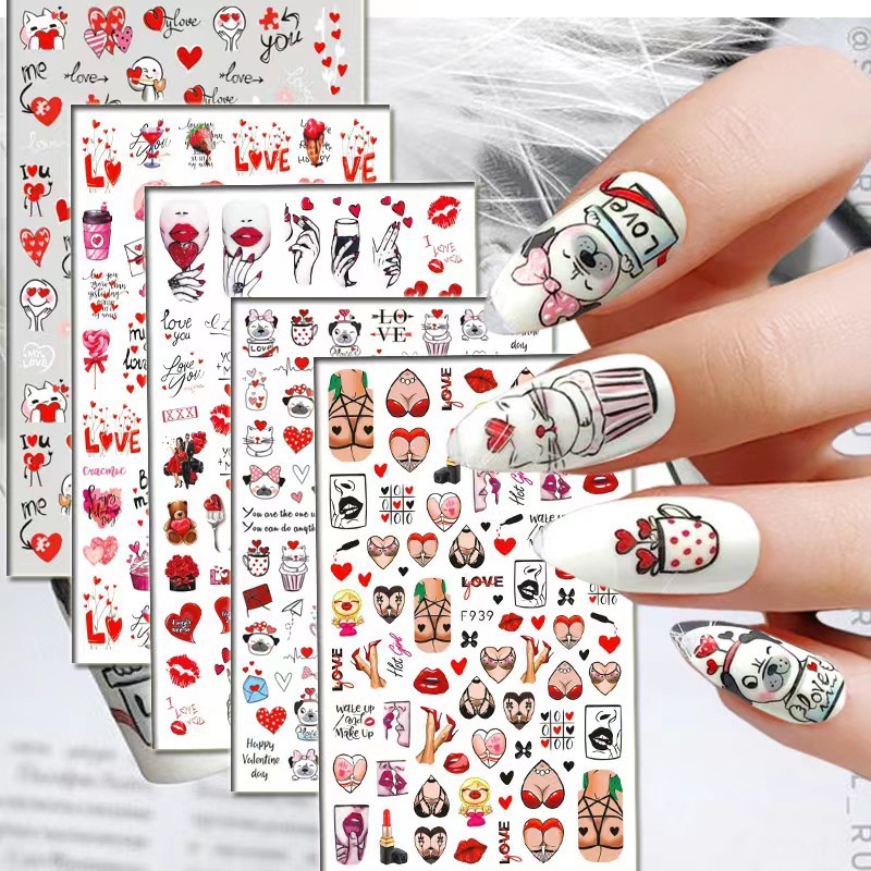 1 Pcs Lucu Kartun Beruang Dekorasi Kuku Stiker DIY Nail Art Decal Hari Valentine Perawatan Kuku Stiker