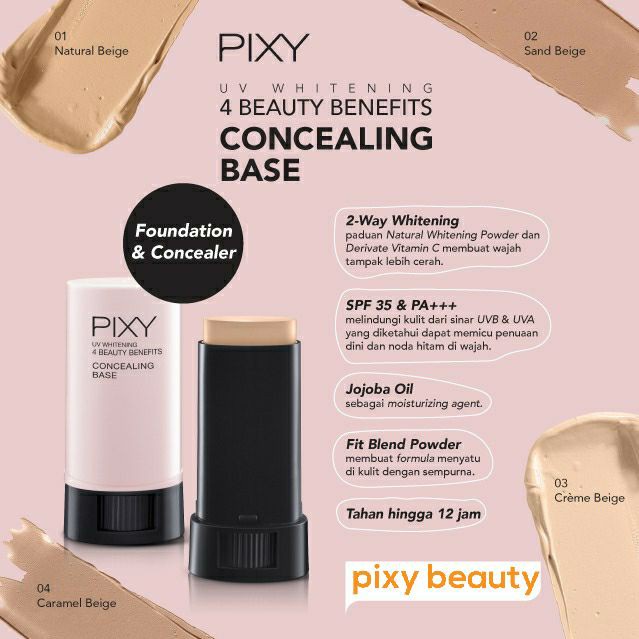 PIXY Concealing Base 9GR | Stick Foundation | Stik Concealer | 01 Natural Beige | 02 Sand Beige | 03 Creme Beige | 04 Caramel Beige | UV Whitening