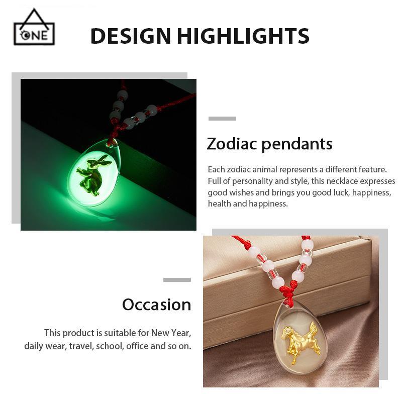 COD❤️Kalung Tali Liontin Bercahaya Kristal Liontin Zodiak Emas Indah Merah-A.one