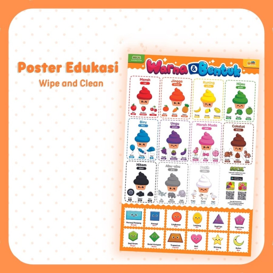 MOMBABY1 Poster Edukasi Belajar anak TK dan SD seri WARNA wipe and Clean