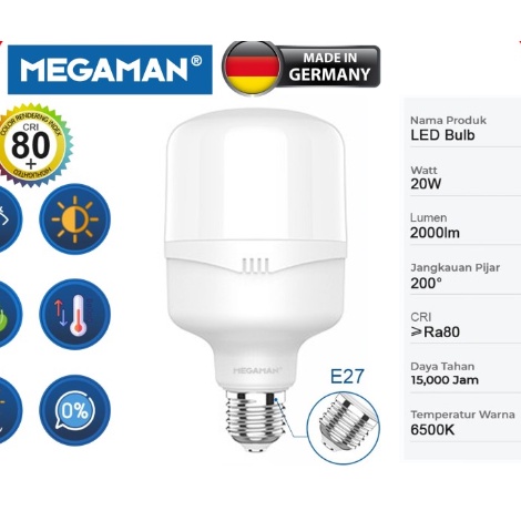 LAMPU LED / BOHLAM MEGAMAN T-BULB YTT80Z1 20W / 20 WATT GARANSI RESMI - 6500K PUTIH