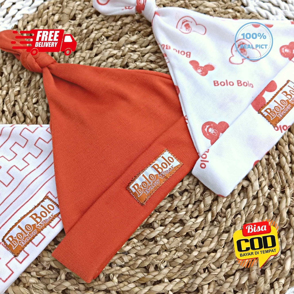 SALE 7.7 Serian Merah Bata - 3 Pcs Topi Kupluk Bayi Baru Lahir Topi Bayi 0 - 3 Bulan BRICK RED SERIES merk SNI Bolo - Bolo