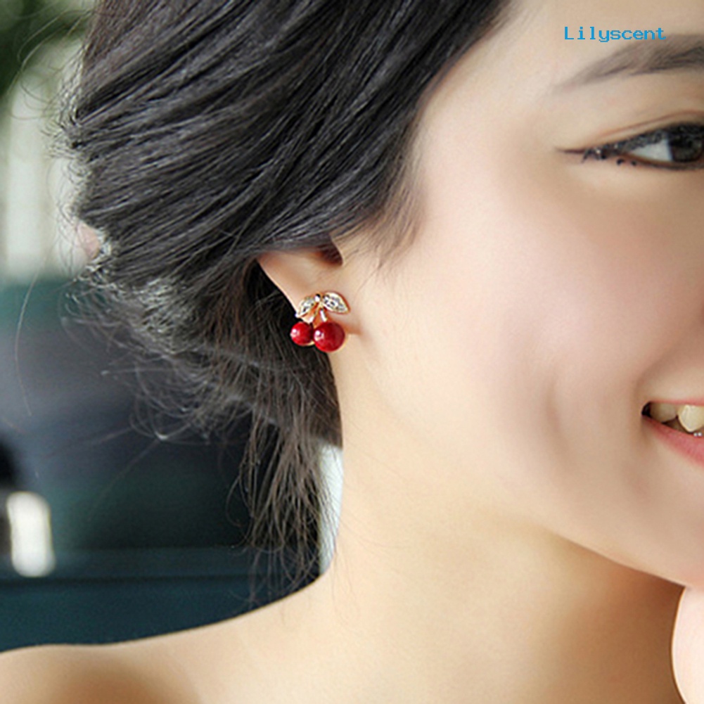 [LS] Wanita Merah Cherry Bening Berlian Imitasi Ear Studs Beads Golden Alloy Leaves Earrings