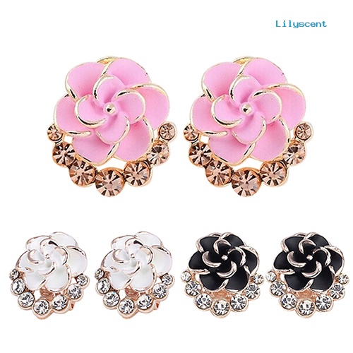 [LS] Wanita Peony Camellia Bunga Berlian Imitasi Alloy Ear Stud Earrings Perhiasan Pesta