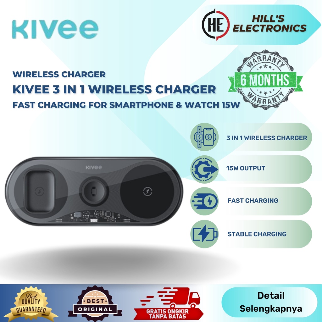 KIVEE 3 in1 Wireless Charger Fast Charging For Smartphone & Watch 15W - Hitam